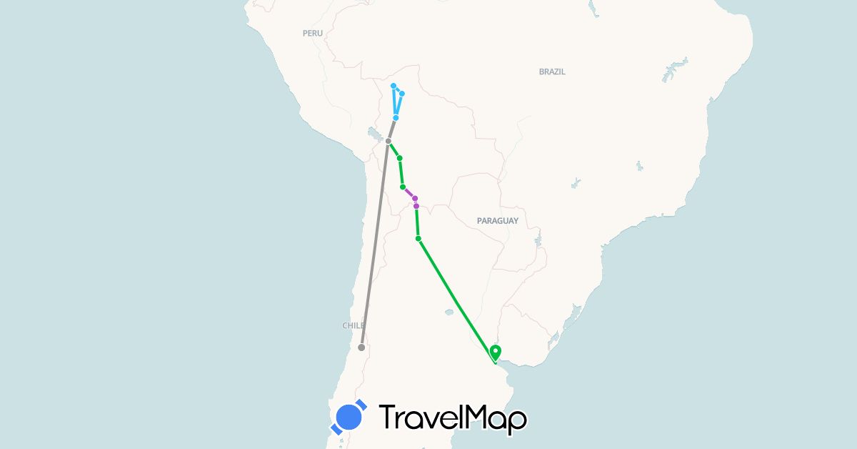TravelMap itinerary: driving, bus, plane, train, boat in Argentina, Bolivia, Chile (South America)