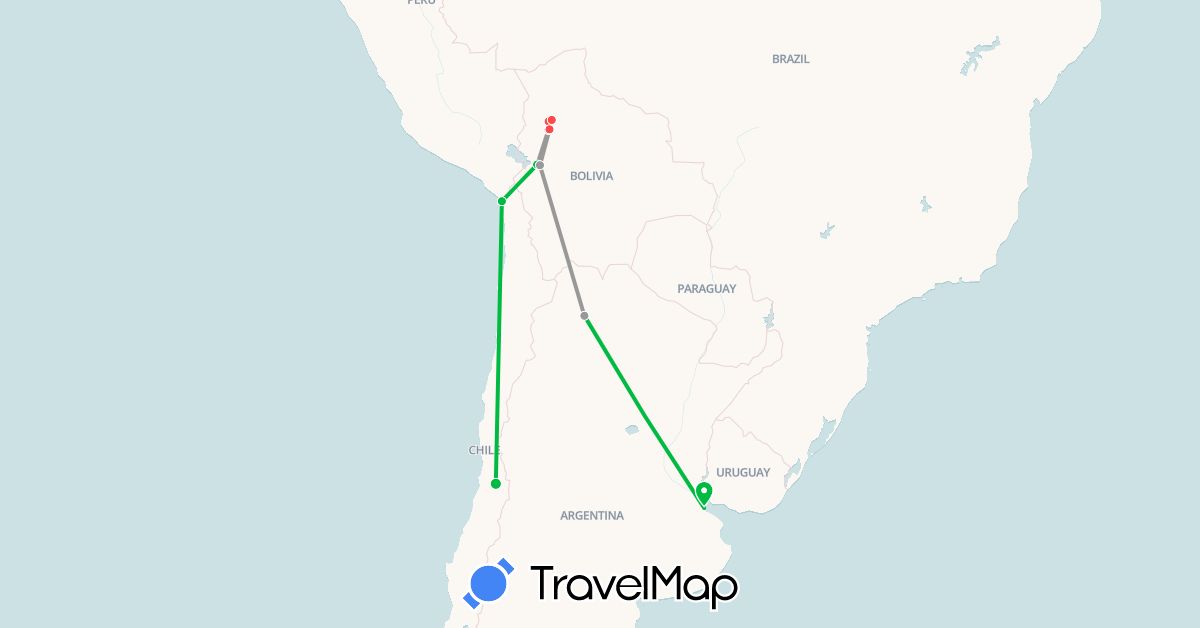 TravelMap itinerary: driving, bus, plane, hiking in Argentina, Bolivia, Chile (South America)